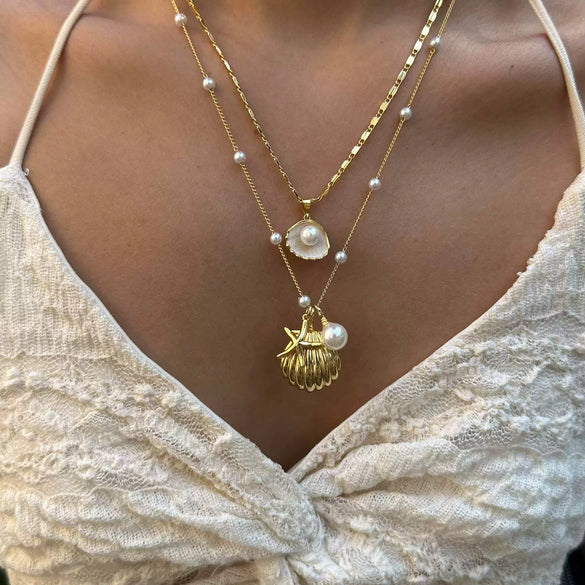 Necklace Shell Mermaid Pearl Seaside Vintage Copper Gold Plated Titanium Steel