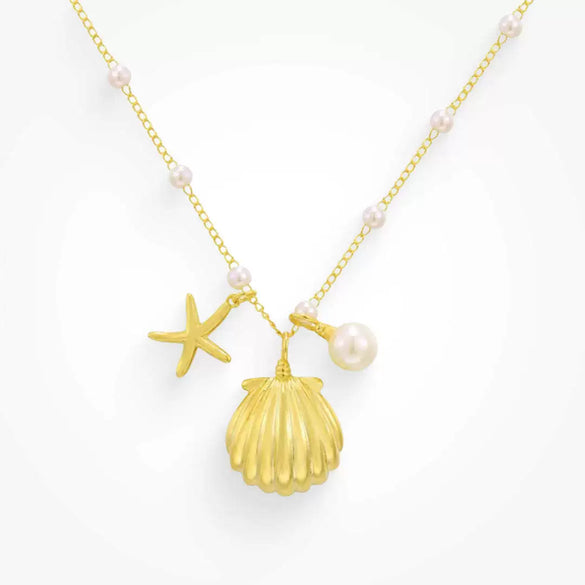 Necklace Shell Mermaid Pearl Seaside Vintage Copper Gold Plated Titanium Steel