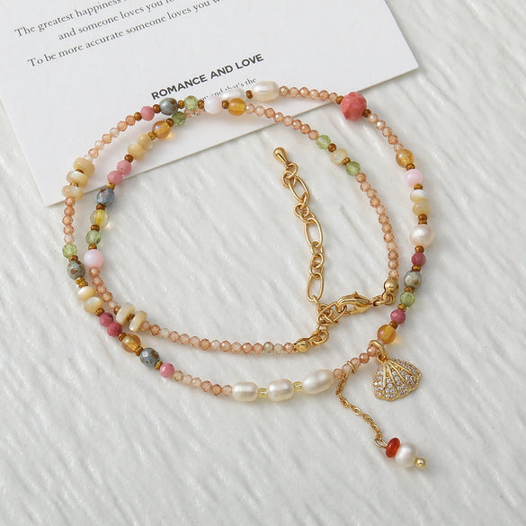 Necklace Shell Natural Freshwater Pearl Crystal Copper Pendant Manual Design Vacation Style Minimalist Women's