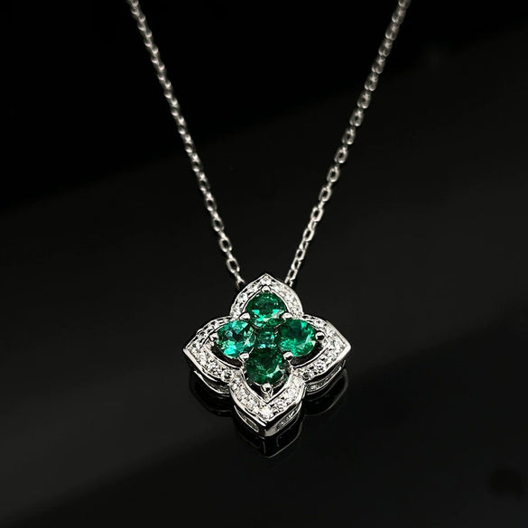 Necklace 925 Silver Inlay Cultivation Emerald Geometric Style