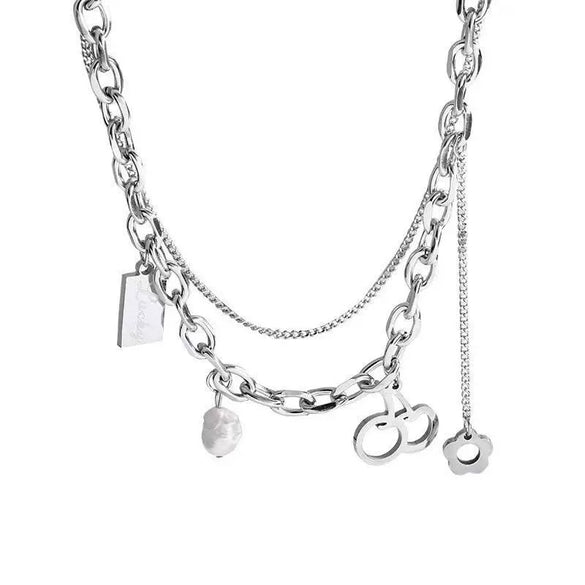 Necklace Silver Jewelry Fruit Pattern Stacked Style Cross Chain Titanium Steel Pendant