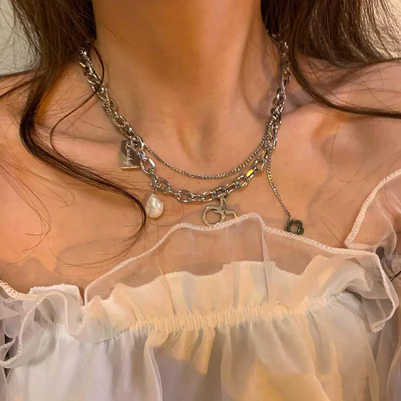 Necklace Silver Jewelry Fruit Pattern Stacked Style Cross Chain Titanium Steel Pendant