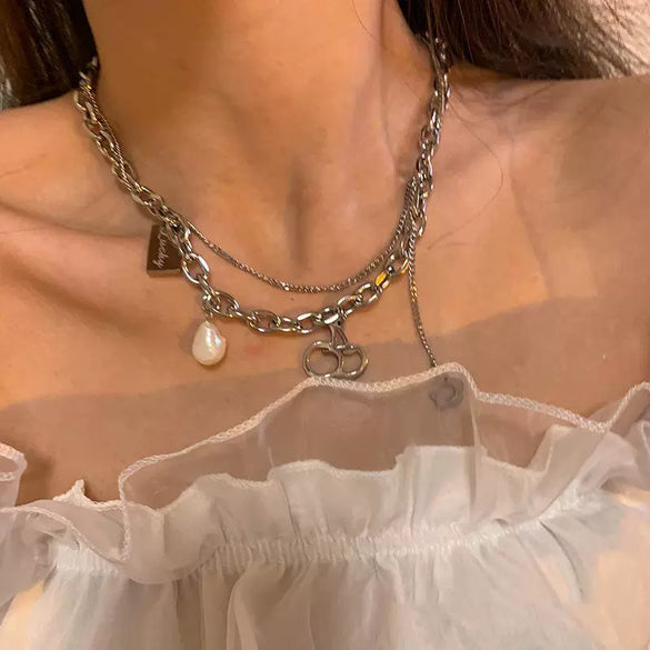 Necklace Silver Jewelry Fruit Pattern Stacked Style Cross Chain Titanium Steel Pendant