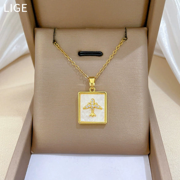 Necklace Square Shell Airplane Geometric Titanium Steel Copper Cartoon Luxury