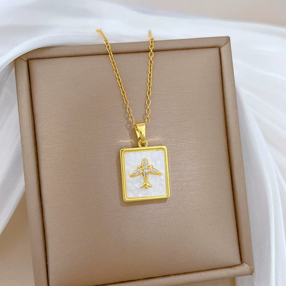 Necklace Square Shell Airplane Geometric Titanium Steel Copper Cartoon Luxury