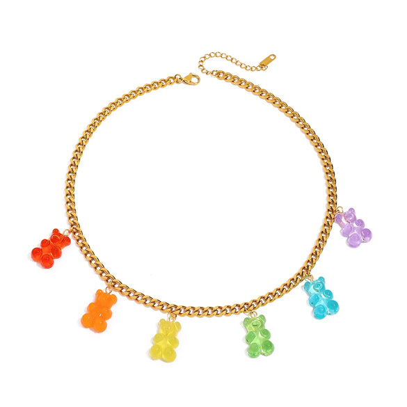 Necklace Stainless Steel Acrylic Color Tassel Bear Pendant Electroplating