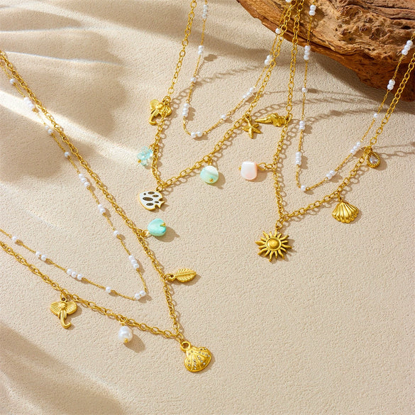 Necklace Stainless Steel Animal Zodiac Double Layer Stacked Wear With Starfish Shell Pendant And O Word Chain Electroplated