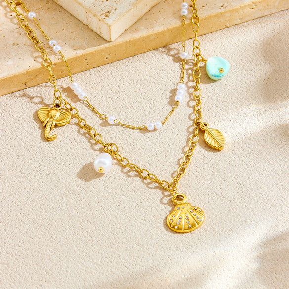 Necklace Stainless Steel Animal Zodiac Double Layer Stacked Wear With Starfish Shell Pendant And O Word Chain Electroplated