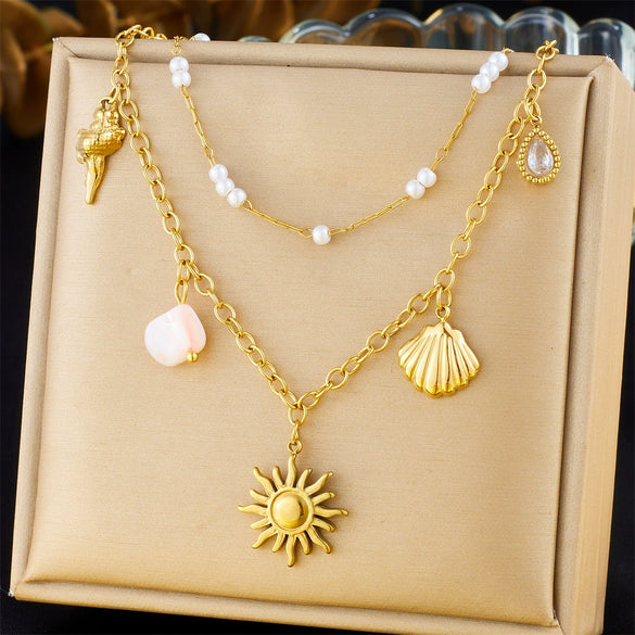 Necklace Stainless Steel Animal Zodiac Double Layer Stacked Wear With Starfish Shell Pendant And O Word Chain Electroplated