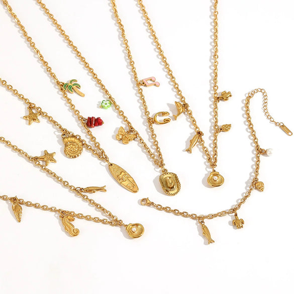 Necklace Stainless Steel Animal Zodiac Starfish Conch Pendant 18K Gold Plated Light Luxury O Word Chain