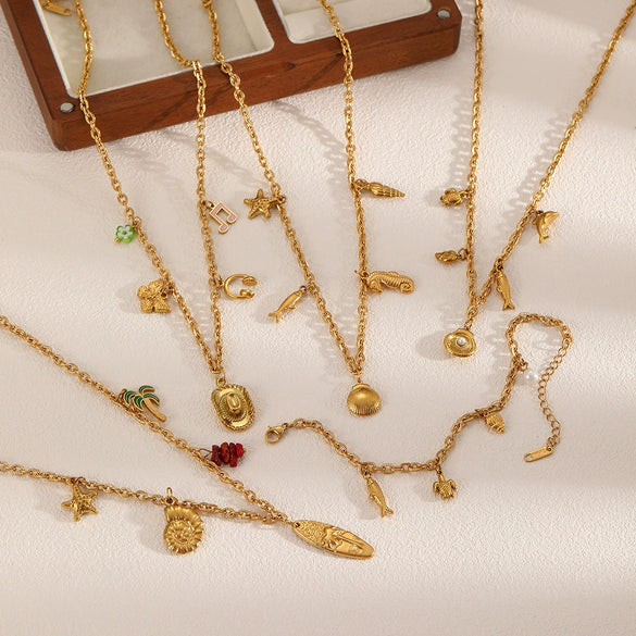 Necklace Stainless Steel Animal Zodiac Starfish Conch Pendant 18K Gold Plated Light Luxury O Word Chain