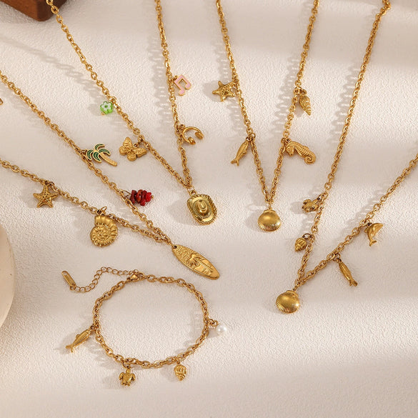 Necklace Stainless Steel Animal Zodiac Starfish Conch Pendant 18K Gold Plated Light Luxury O Word Chain
