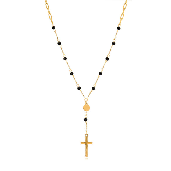 Necklace Stainless Steel Black Glass Bead Cross Pendant Yshaped Chain Electroplating