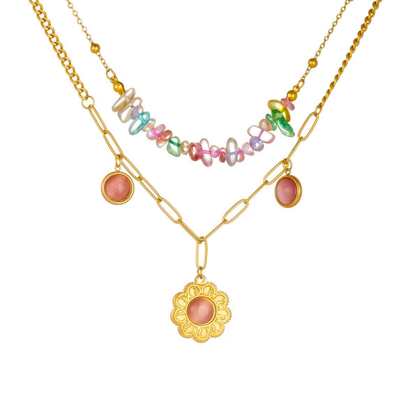 Necklace Stainless Steel Colorful Transparent Irregular Gravel Beaded Flower Chain Stacked Doublelayer Electroplating