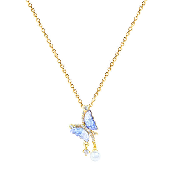 Necklace Stainless Steel Copper Blue Butterfly Pearl Full Diamond Geometric Cartoon Style