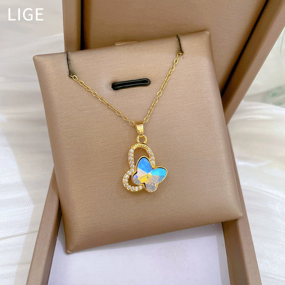 Necklace Stainless Steel Copper Colorful Butterfly Zircon Geometric Light Luxury Elegant Gorgeous Unisex