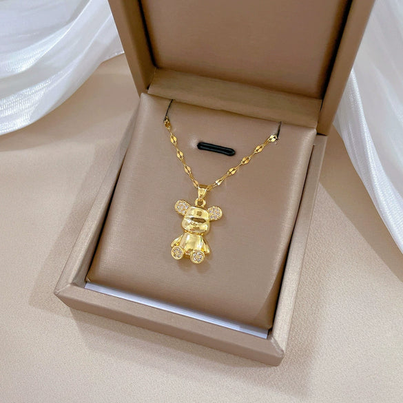 Necklace Stainless Steel Copper Geometric Bear Light Luxury Temperament Gorgeous Full Diamond Allmatch Clavicle Chain Unisex