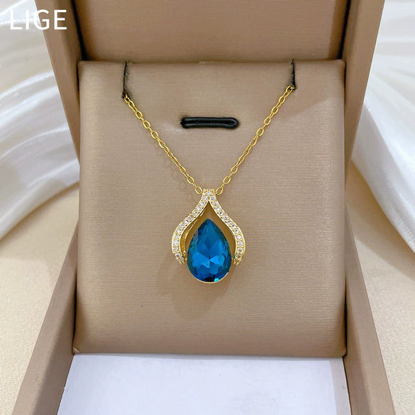 Necklace Stainless Steel Copper Geometric Blue Water Drop Light Luxury Elegant Gorgeous Unisex
