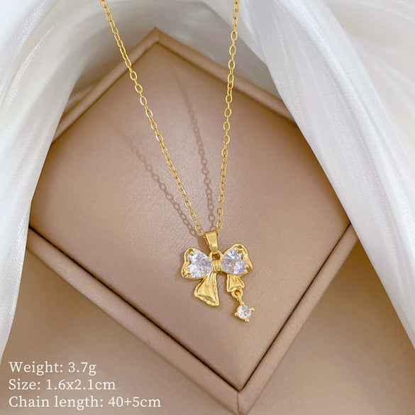 Necklace Stainless Steel Copper Geometric Bow Zircon Light Luxury Temperament Gorgeous Unisex