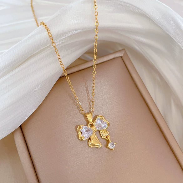 Necklace Stainless Steel Copper Geometric Bow Zircon Light Luxury Temperament Gorgeous Unisex
