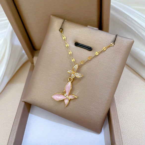 Necklace Stainless Steel Copper Geometric Butterfly Full Diamond Dripping Oil Light Luxury Temperament Unisex