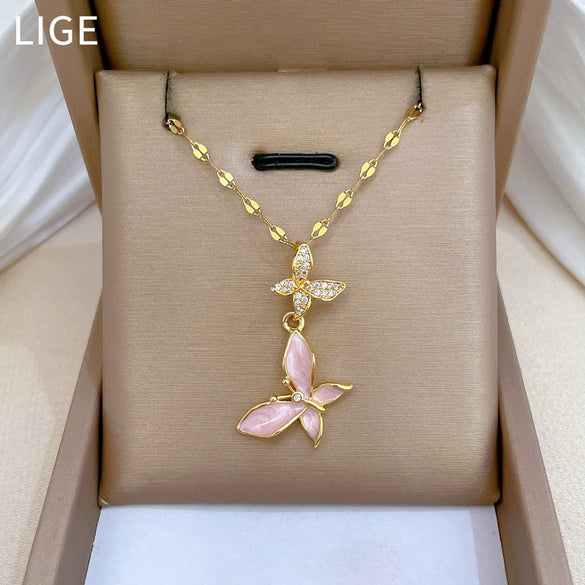Necklace Stainless Steel Copper Geometric Butterfly Full Diamond Dripping Oil Light Luxury Temperament Unisex