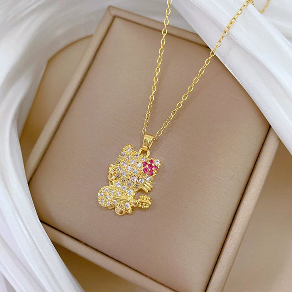 Necklace Stainless Steel Copper Geometric Cartoon Guitar Flower Cat Full Diamond Light Luxury Elegant Gorgeous Unisex