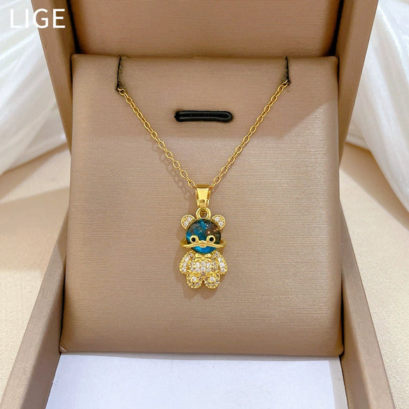 Necklace Stainless Steel Copper Geometric Cartoon Style Threedimensional Bear Full Diamond Unisex