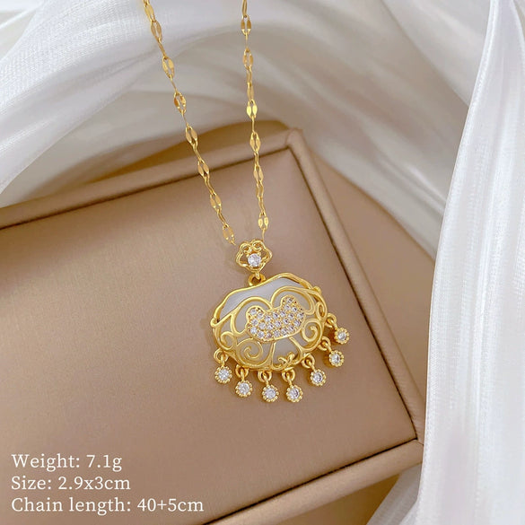 Necklace Stainless Steel Copper Geometric Cartoon Tassel Auspicious Lock Women's