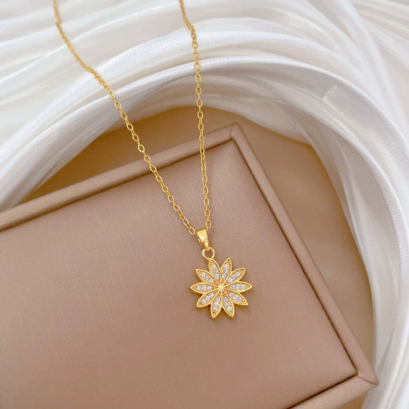 Necklace Stainless Steel Copper Geometric Daisy Flower Full Diamond Light Luxury Temperament Unisex