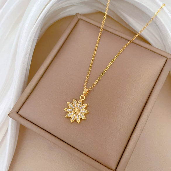 Necklace Stainless Steel Copper Geometric Daisy Flower Full Diamond Light Luxury Temperament Unisex