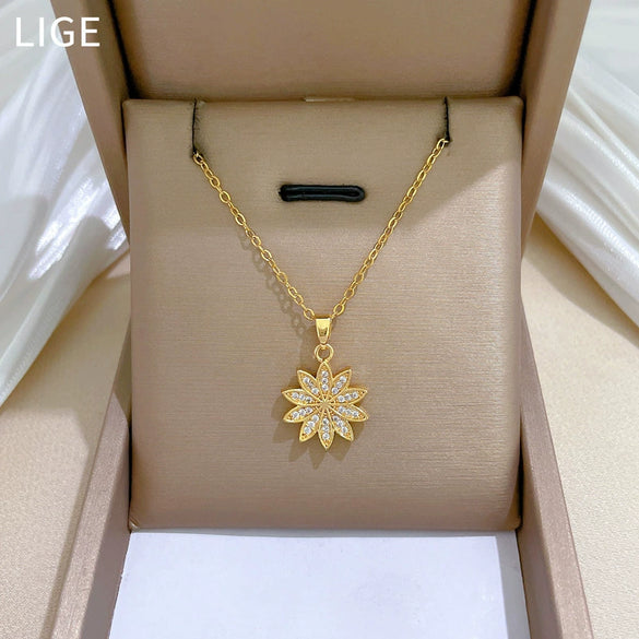Necklace Stainless Steel Copper Geometric Daisy Flower Full Diamond Light Luxury Temperament Unisex