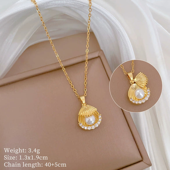 Necklace Stainless Steel Copper Geometric Double Pearl Shell Light Luxury Elegant Gorgeous Unisex