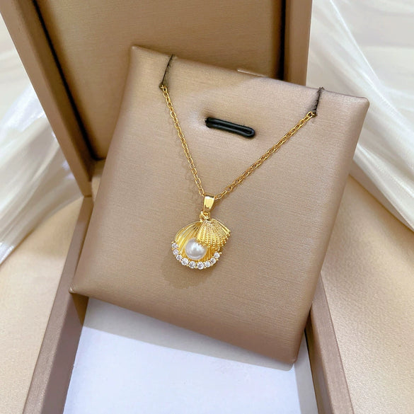 Necklace Stainless Steel Copper Geometric Double Pearl Shell Light Luxury Elegant Gorgeous Unisex