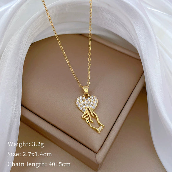 Necklace Stainless Steel Copper Geometric Element Love Full Diamond Light Luxury Temperament Gorgeous Allmatch Clavicle Chain Unisex