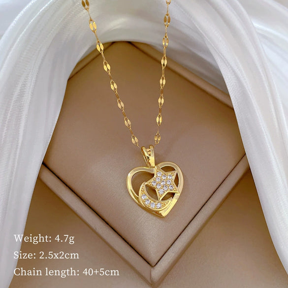 Necklace Stainless Steel Copper Geometric Element Love Full Diamond Light Luxury Temperament Gorgeous Allmatch Clavicle Chain Unisex