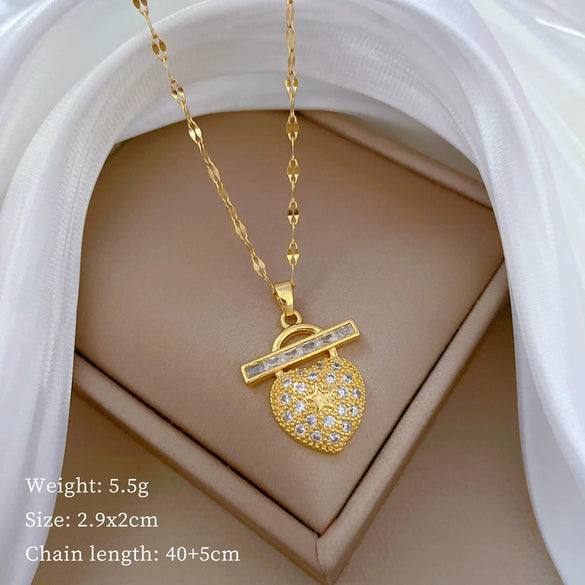 Necklace Stainless Steel Copper Geometric Element Love Full Diamond Light Luxury Temperament Gorgeous Allmatch Clavicle Chain Unisex
