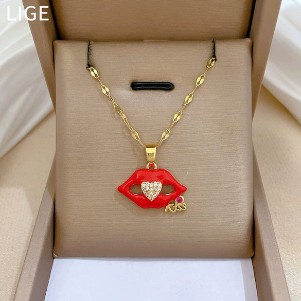Necklace Stainless Steel Copper Geometric Flame Red Lip Zircon Light Luxury Style