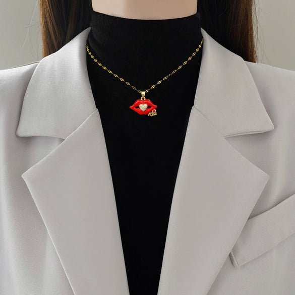 Necklace Stainless Steel Copper Geometric Flame Red Lip Zircon Light Luxury Style