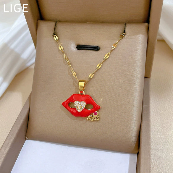 Necklace Stainless Steel Copper Geometric Flame Red Lip Zircon Light Luxury Style