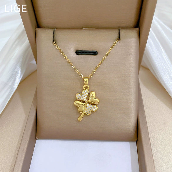 Necklace Stainless Steel Copper Geometric Four Leaf Flower Full Diamond
