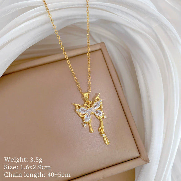 Necklace Stainless Steel Copper Geometric Hollow Butterfly Full Diamond Light Luxury Elegant Gorgeous Unisex