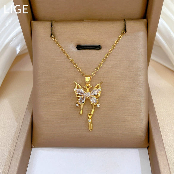 Necklace Stainless Steel Copper Geometric Hollow Butterfly Full Diamond Light Luxury Elegant Gorgeous Unisex