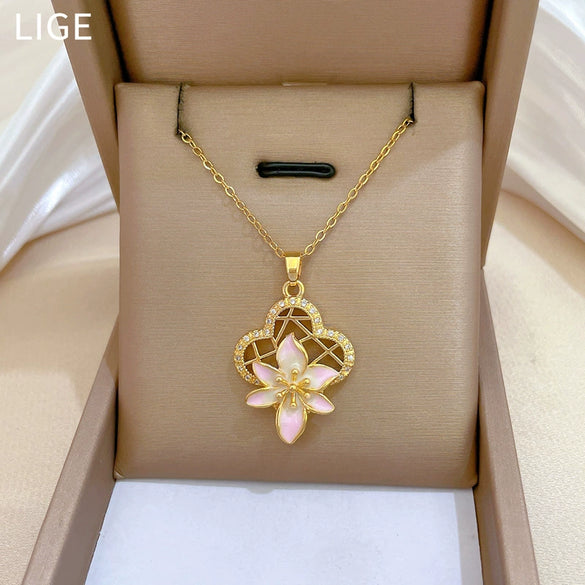 Necklace Stainless Steel Copper Geometric Hollow Oil Dropping Flowers Light Luxury Elegant Gorgeous Allmatch Clavicle Chain Unisex