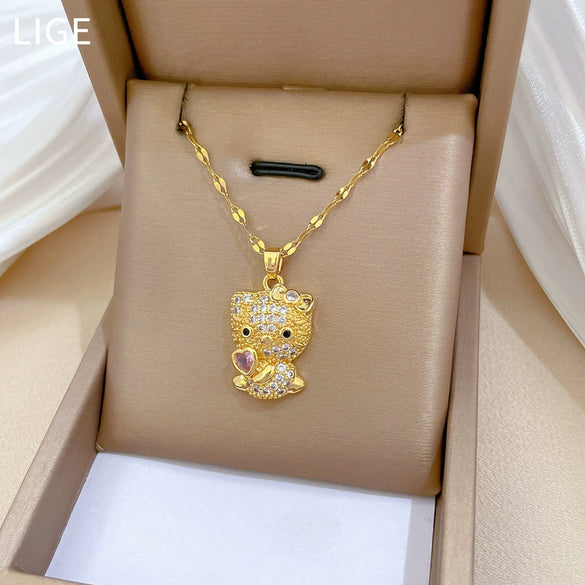 Necklace Stainless Steel Copper Geometric Kitty Full Diamond Light Luxury Elegant Gorgeous Unisex Allmatch Clavicle Chain