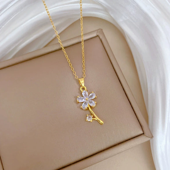 Necklace Stainless Steel Copper Geometric Leaf Flower Full Diamond Light Luxury Elegant Gorgeous Allmatch Clavicle Chain Unisex