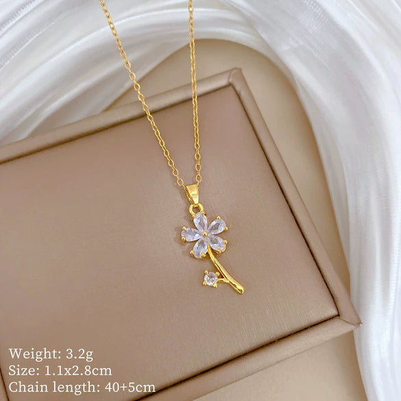 Necklace Stainless Steel Copper Geometric Leaf Flower Full Diamond Light Luxury Elegant Gorgeous Allmatch Clavicle Chain Unisex