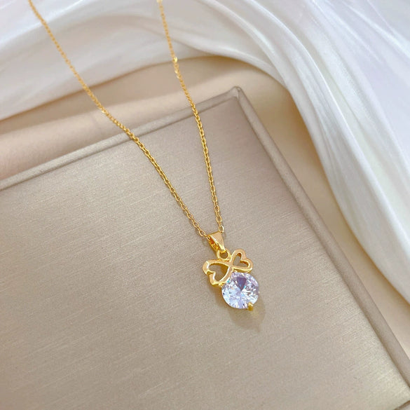Necklace Stainless Steel Copper Geometric Light Luxury Elegant Bow Full Diamond