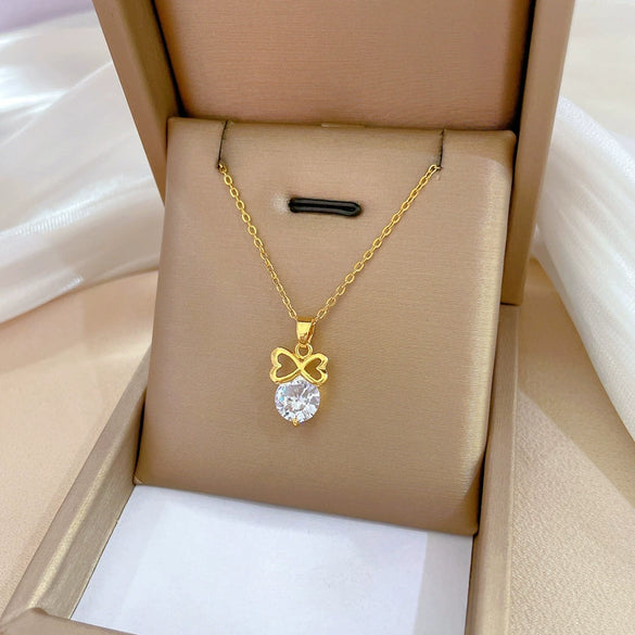 Necklace Stainless Steel Copper Geometric Light Luxury Elegant Bow Full Diamond