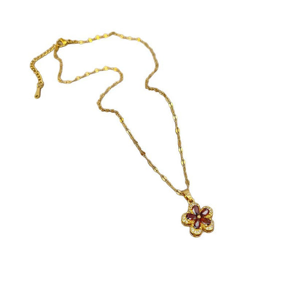 Necklace Stainless Steel Copper Geometric Pomegranate Red Five Leaf Flower Light Luxury Minimalist Unisex